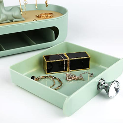 MORE&LESS Antlers Jewelry Display Stand with Drawer and Crystal Handle, Tree Tower Rack Hanging Organizer for Ring Earrings Necklace Bracelet - color: C Matcha Green-Drawer-Crystal Handle