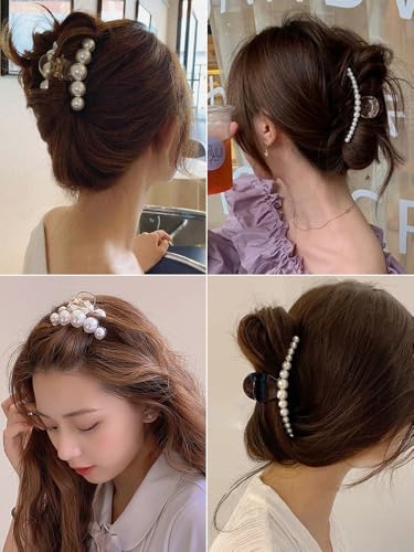 4PCS Multi-Size Faux Pearl Hair Claw Clips Set - Adjustable French Barrettes for Thick/Thin Hair, Wedding/Party Hair Accessories with 4 Different Sizes