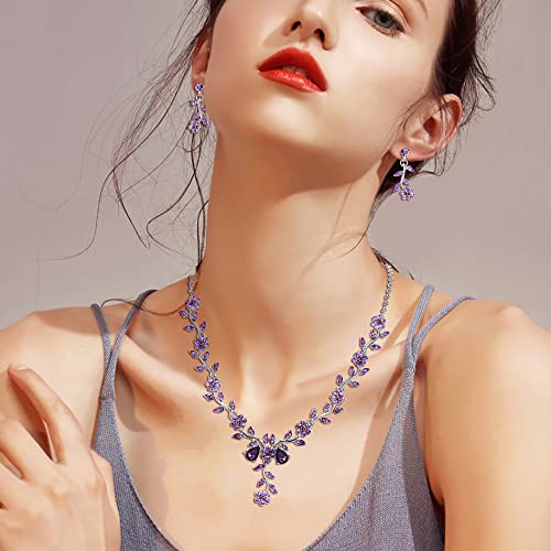 Women's Wedding Jewelry Set for Bride,Prom Bridal Accessories | Bling Crystal,Flower Leaf Cluster,Dangle Earrings Pendant Necklace Set,for Bridesmaid,Party Jewellery - color: 05-Purple Silver-Tone