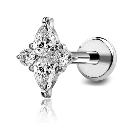 FINE4U 1PC ASTM F136 Titanium 16G Flatback Stud for Tragus, Helix, Conch 6mm 8mm - Screw on Cartilage Earring Piercing Jewelry - color: Four-Pointed Star B - Tit