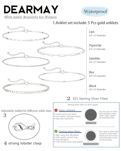Dainty Ankle Bracelets for Women Waterproof | Layered Gold Plated Tennis Cuban Snake Rope Paperclip Beaded Link Chains Set, Summer Beach Jewelry Gift - color: Silver Anklet C