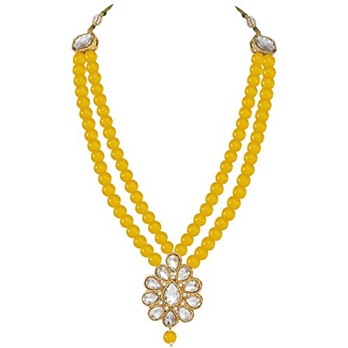 Aheli Wedding Faux Kundan Pendant Beaded Necklace Earrings Set Bollywood Indian Bharatanatyam jewellery set Gift for Women - color: Yellow