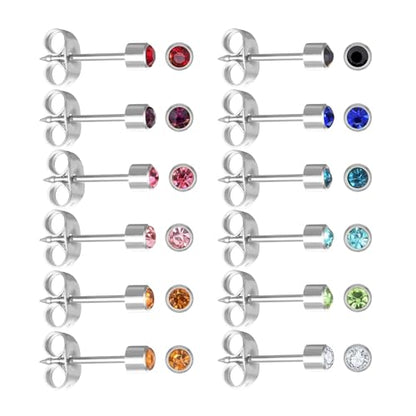 12 Pairs Ear Piercing Stud Earrings for Ear Piercing Guns, Surgical Stainless Steel Multicolor Round Heart Star Cubic Zirconia Birthstone Stud Earrings Set - style: Silver round 3mm
