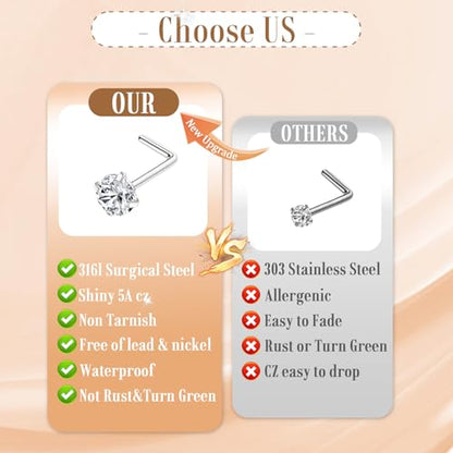 15PCS 14K Gold Plated Nose Rings Studs Set for New Piercing Beginners - color: 8pcs/L-shaped/20G/Silver