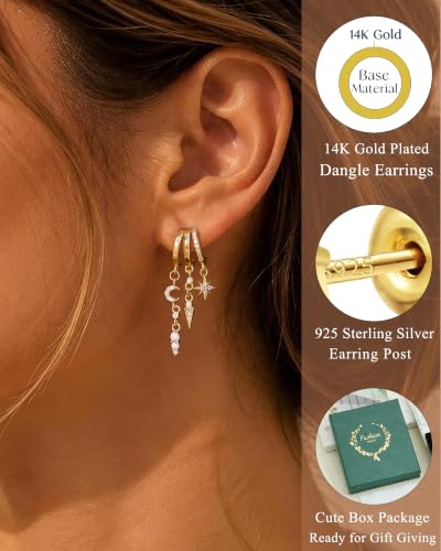 Dangle Gold Earrings for Women Trendy Triple Huggie Chain Earrings 14K Gold Plated Statement Cute Drop Dangle Earrings Dainty Hypoallergenic Chunky Hoop Earrings Fun Earring Stacks Jewelry - color: B-Star Moon Earrings