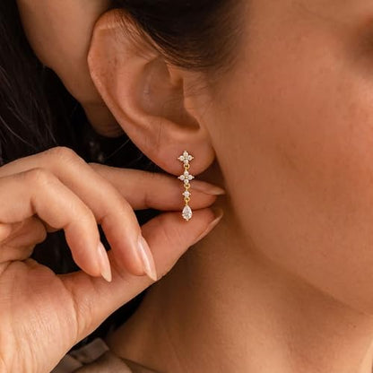 Dangle Earrings for Women, Dainty Teardrop Drop Earrings 14K CZ Flower Gold Earrings for Women Trendy Bridal Earring Set Hypoallergenic Stud Dangly Earring Stack Wedding Prom Fashion Jewelry - color: cz flower drop earrings