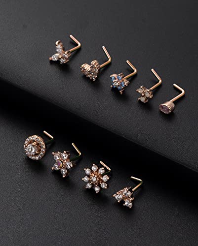 9Pcs Nose Rings Stud L Bone Screw Shaped Nose Ring Flower CZ Snowflake Butterfly Screw Nose Stud Body Piercing Jewelry for Women Men 20G Silver Gold Rose Gold Tone - color: C:Rose Gold Tone