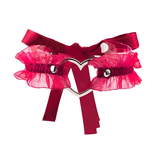 Eigso Velvet Gothic Garter for Women Heart Leg Ring with Rivets Elastic Lace Bracelets Choker Set - color: Red