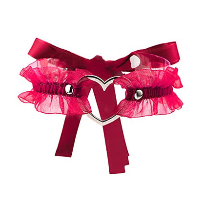 Eigso Velvet Gothic Garter for Women Heart Leg Ring with Rivets Elastic Lace Bracelets Choker Set - color: Red