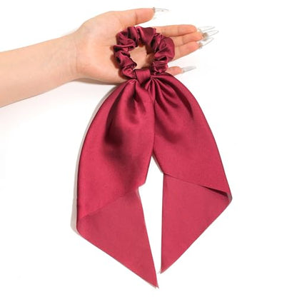 Pack of 2 Knotted Bow Hair Scrunchies Elastic Hair Scarf Hair Ties Bands Satin Hair Ribbon Scrunchy Red Ponytail Holder for Women and Girls, Hair Scarf Scrunchies, Hair Accessories (Burgundy) - color: Burgundy