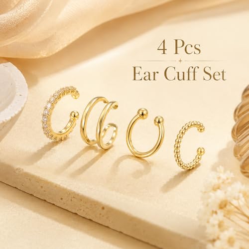 4Pcs Cuff Earrings Non Piercing 14k Gold Plated Ear Cuff Fake Earrings Lightweight Adjustable Ear Clip on Earring for Women Trendy Jewelry Gifts