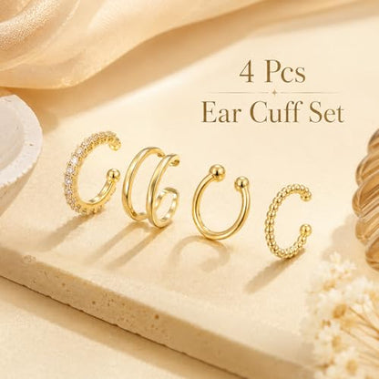 4Pcs Cuff Earrings Non Piercing 14k Gold Plated Ear Cuff Fake Earrings Lightweight Adjustable Ear Clip on Earring for Women Trendy Jewelry Gifts
