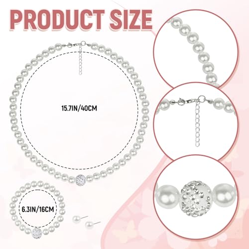 Marrywindix 4 Pcs Pearl Necklace Set Tea Party Gloves Pearl Necklace Bracelet Earring for Wedding Christmas Party Cosplay Accessories