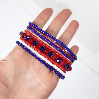 Ardorchid Halloween Bracelets for Women Pumpkin Ghost Steleton Bat Skull Beaded Stackable Stretchy Bracelet Rugby Thanksgiving Christmas Heishi Bracelets - color: Red White and Blue Bracelet