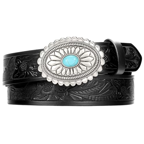 XZQTIVE Women Western Leather Belt Vintage Country Belts For Cowgirl Jeans Dresses Ladies Concho Belt With Turquoise Buckle - size: S Fit Pant 25-29in, style: Cow Print Black With Silver Turquoise Buckle