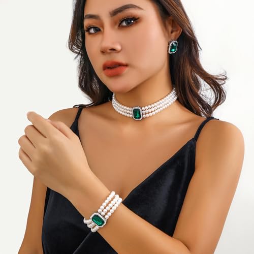 Wekicic Faux Pearl Necklace Earrings Set for Women Crystal Pearl Choker Necklace Bracelet Set 1920s Jewelry for Wedding Party - color: Green