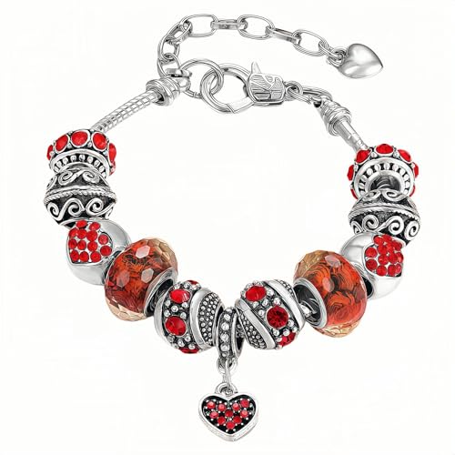 Pink Hearts Silver Plated Charm Bracelet, DIY Jewelry for Women with Beads, Charms, and Adjustable Snake Chain, Fits 7.5"+1.5" - color: Red, size: 19cm