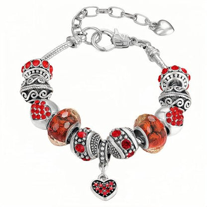 Pink Hearts Silver Plated Charm Bracelet, DIY Jewelry for Women with Beads, Charms, and Adjustable Snake Chain, Fits 7.5"+1.5" - color: Red, size: 19cm