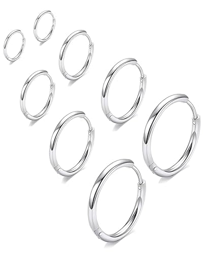 316L Surgical Stainless Steel Huggie Hoop Earrings 6mm 8mm 10mm 11mm 12mm 14mm Hypoallergenic Earrings Hoop Cartilage Helix Lobes Hinged Sleeper Earrings For Men Women - style: "(DIA 6/8/10/12) THK 1.5mm Silver"