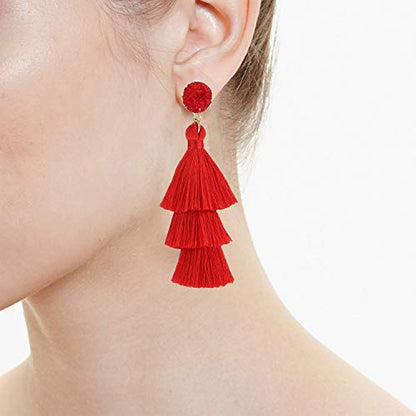 Bohemian Tiered Tassel Earrings with Druzy Stud for Women | Long Layered Fringe Drop Earrings, Statement Jewelry for Party Beach Festival - color: Red