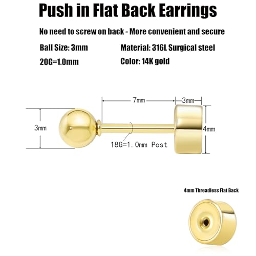 Sweetkiki Threadless Flat Back Earrings, 14K Gold Plated Ball Stud Earrings Hypoallergenic | Cartilage Earring | Helix Piercing Jewelry | Tragus Piercing Jewelry | Push in Flatback Earrings for Women Men - color: 14K Gold, size: 3 Millimeters