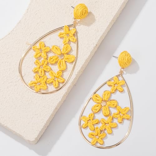 Boho Raffia Flower Teardrop Earrings Cute Colorful Dangle Trendy Jewelry | Floral Drop Statement Big Dangling Earring Hypoallergenic Gold Fun Unique Summer Spring Beach Vacation Outfits for Women - color: Yellow