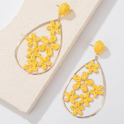 Boho Raffia Flower Teardrop Earrings Cute Colorful Dangle Trendy Jewelry | Floral Drop Statement Big Dangling Earring Hypoallergenic Gold Fun Unique Summer Spring Beach Vacation Outfits for Women - color: Yellow
