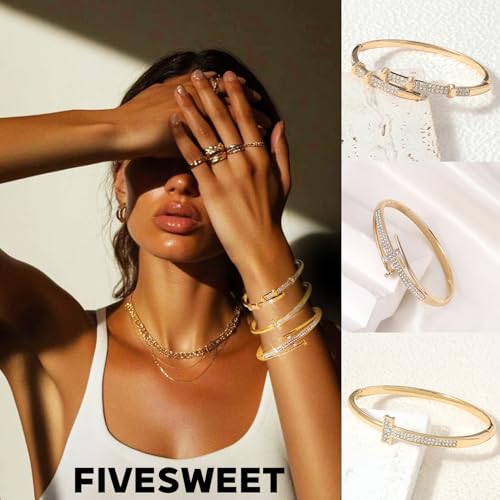 Pack of 6 - Gold Bracelet Bangles Bulk Set for Women,Trendy Stackable, Zinc Alloy Rivet & Four-Leaf Clover Design Stackable Bangles with Rhinestones, 7-inch Circumference Fits Most Adults, Jewelry Gift for Her, Girlfriend, Wife, Mom, Sister, Lover on Birt