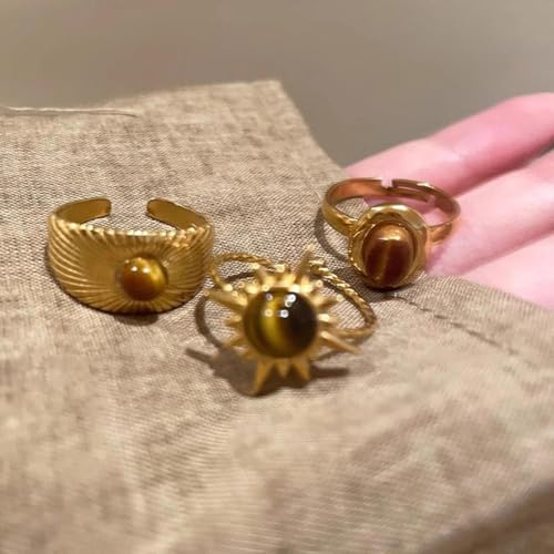3Pcs Vintage Gold Tiger Eye Stone Knuckle Rings for Women,Stacked Bohemian Sun Statement Index Finger Rings,Personalized Trendy Jewelry Accessories Gifts