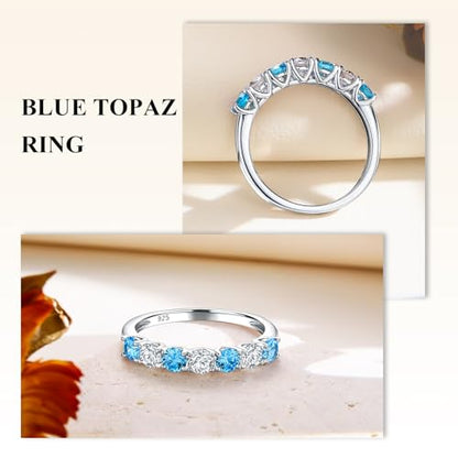 Birthstone Wedding Band Eternity Rings 925 Sterling Silver Rings Stackable Anniversary Engagement Rings Cubic Zirconia Inlaid Created Garnet/Amethyst/Sapphire Ring 7 Stone Ring, Size 6 to 10 - color: Blue Topaz & 5A CZ