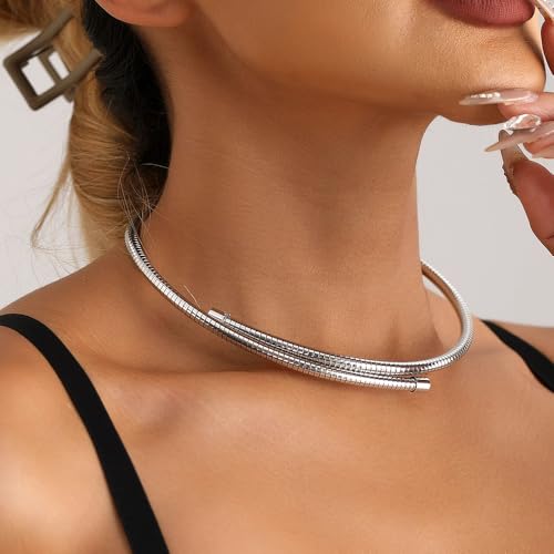 Stainless Steel Collar Necklace for Women Men Minimalist Open Cuff Clavicle Necklace Adjustable African Geometric Metal Choker Statement Jewelry Gifts - color: Silver
