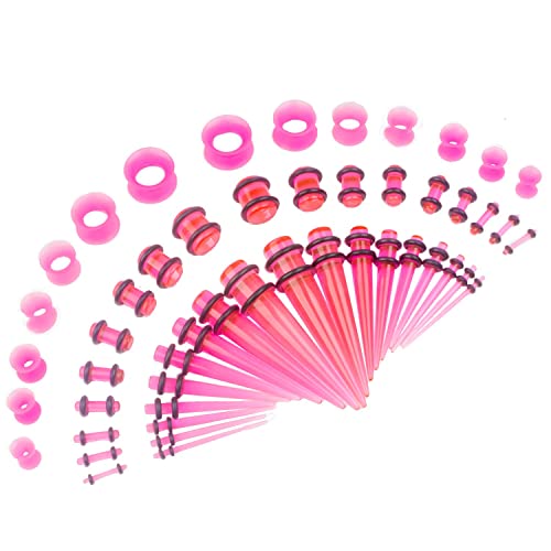 50 Pcs Ear Gauges Stretching Kit 14G-00G | Acrylic Tapers and Plugs Silicone Tunnels, Gauge Expanders Stretching Kit, Piercing Earring Jewelry for Men and Women - color: Pink