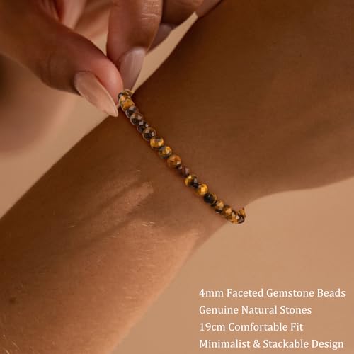 Natural Faceted Crystal Bracelet for Women,4mm Gemstone Round Beads Bracelets Adjustable Stretchy Healing Crystal Beads Bracelets Dainty Jewelry Gift - color: Tiger Eye
