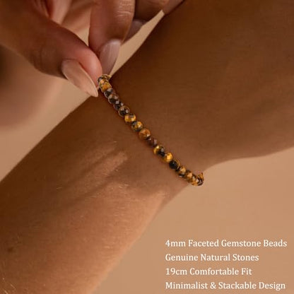 Natural Faceted Crystal Bracelet for Women,4mm Gemstone Round Beads Bracelets Adjustable Stretchy Healing Crystal Beads Bracelets Dainty Jewelry Gift - color: Tiger Eye