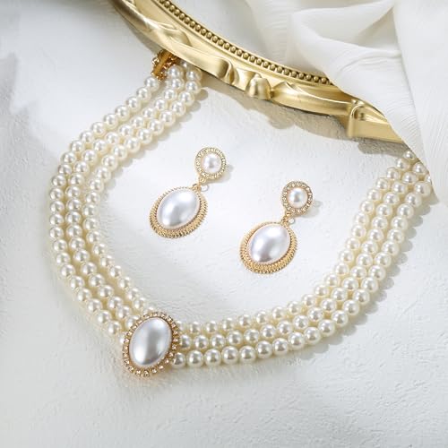 Vintage 1920s Costume Jewelry Multilayer Imitation Pearls Shiny Strand Choker Necklace Large Dangle Earrings for Women Wedding Halloween Cosplay Party Prom Accessories - style: Dangle