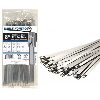 Kable Kontrol Stainless Steel Metal Zip Ties 8 Inch 100 Pcs HD 200Lbs Test | Heavy Duty Steel Cable Ties, Self-locking, Multi-Purpose, Outdoor and Indoor Use, High Temperature, Corrosion Resistant - size: 8" - 200 Lbs - 100 Pcs