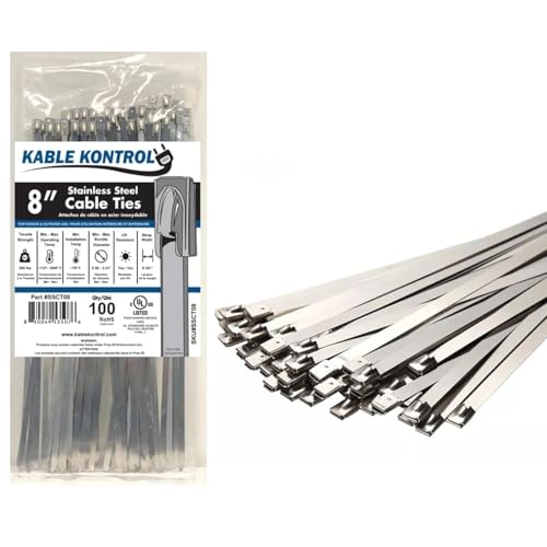 Kable Kontrol Stainless Steel Metal Zip Ties 8 Inch 100 Pcs HD 200Lbs Test | Heavy Duty Steel Cable Ties, Self-locking, Multi-Purpose, Outdoor and Indoor Use, High Temperature, Corrosion Resistant - size: 8" - 200 Lbs - 100 Pcs