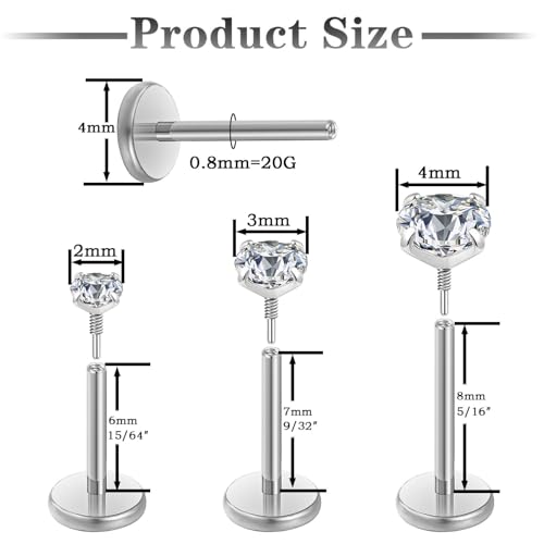 Gotumo 20G 18G 16G Flat Back Earrings Stud Nose Ring Titanium Internal Thread Tragus Labret Cartilage Lip Medusa Conch Body Piercing Jewelry Nose Stud Hypoallergenic for Women Men - color: Silver, size: 20G Bar-6/7/8mm & CZ-2/3/4mm