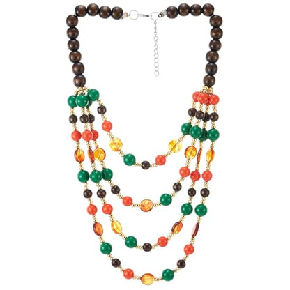 COOLSTEELANDBEYOND Boho Multi-Layer Beaded Necklace, Wooden and Gemstone Beads, Statement Necklace, Waterfall - color: B-Color: Dark Brown & Green & Orange