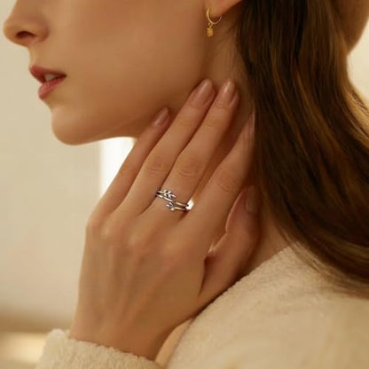 Silver Open Adjustable Stacking Rings for Women, Minimalist Wrap Band Set, Geometric/Heart/Wave/Leaf/Spiral Styles, Hypoallergenic, Gift Box Included, Thumb Ring Option - color: Leaf