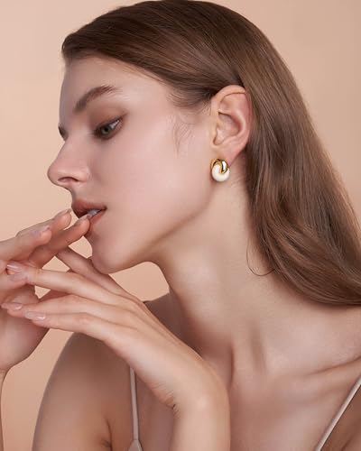 Small Twist Interlock Chunky 18K gold plated Gemstone Natural Stone (Brown, Green, Pink, White) Statement Earrings for Women by SNGIA, Dainty Love Knot Tiger Eye Amber Jade Tourmaline Bold Handmade Exaggerated Dome Retro Rounded Button Half Ball Trendy Bo