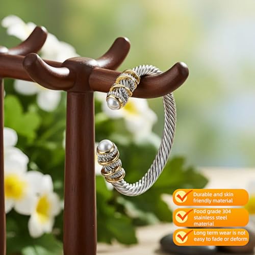 Stainless Steel Twisted Cable Wire Bracelet, Twisted Cable Bracelet with Composite Shell Pearl 6" Cuff Bracelets - color: Silver and Gold