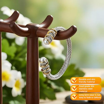 Stainless Steel Twisted Cable Wire Bracelet, Twisted Cable Bracelet with Composite Shell Pearl 6" Cuff Bracelets - color: Silver and Gold