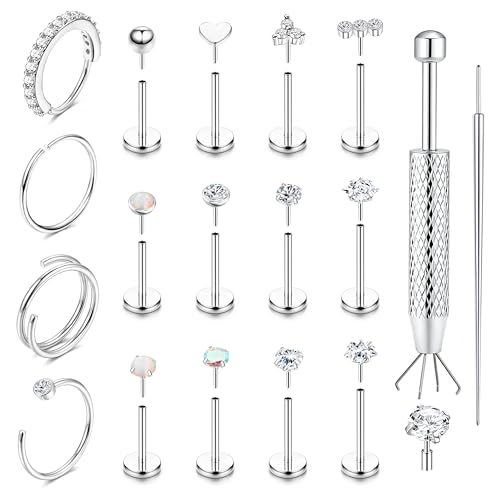 ORAZIO 14K Gold Filled Nose Rings Studs Hoops for Women Men 20G 18G Hypoallergenic Surgical Steel Push in Threadless Flat Back Earrings CZ Helix Tragus Lip Cartilage Medusa Nostril Piercing Jewelry - color: Steel Tone, size: 20g=0.8mm