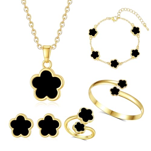 Clover Jewelry Set for Women Non Tarnish Gold-Tone Five Leaf Clover Necklace, Earrings, Ring, Bracelet Fashion Simple Floral Jewelry Set - color: Black