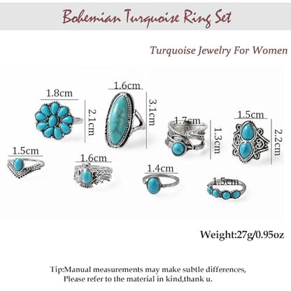 Bohemian Turquoise Ring Set for Women,Vintage Western Rings Chunky Turquoise Opal Stackable Knuckle Ring Set Punk Midi Finger Ring Pack Boho - style: Ring set-D