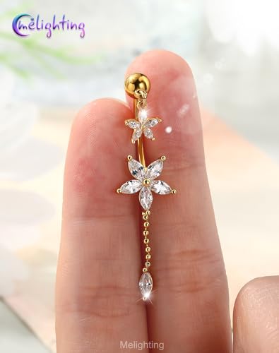 Melighting 14G Lotus Belly Button Ring Dangle Navel Ring Surgical Steel | 316L Reverse Belly Piercing Jewelry AAA Cubic Zircon, 10 mm Silver Gold Double Flower Barbell Bar Body Jewellery for Women - color: Gold Lotus