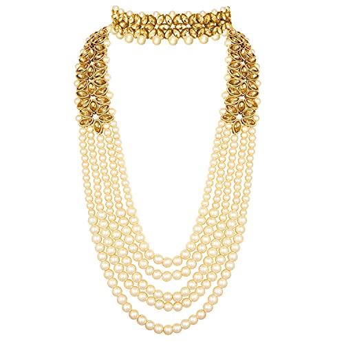 Aheli Wedding Party Wear Bridal Jewellery Choker Long Pearl Necklace Earrings Maang Tikka Indian Traditional Set Gift for Women - color: Champagne