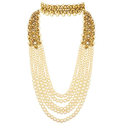 Aheli Wedding Party Wear Bridal Jewellery Choker Long Pearl Necklace Earrings Maang Tikka Indian Traditional Set Gift for Women - color: Champagne