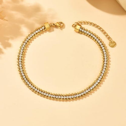 Anklets for Women, 18K Gold Plated Dainty Ankle Bracelets with Tennis, Pearl, Daisy, Lip, Snake Chain, Layered CZ Anklet Waterproof, Adjustable Boho Summer Beach Foot Jewelry - style: 3 Layer Ball Chain